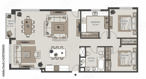 Quadro em tela Detailed floor plan showcasing the comprehensive layout of a modern apartment, including multiple bedrooms, living areas, dining spaces, and a bathroom, complete with furniture arrangements