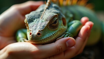 Green iguana reptile rests peacefully in gentle human hands. Macro shot shows scaly skin texture and closed eyes. Animal care and trust theme on sunny day.
