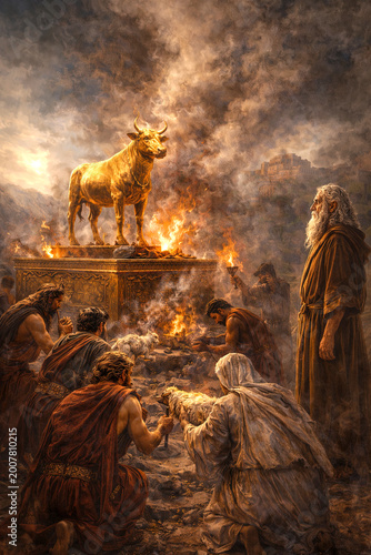 Golden Calf — idol worship amidst fire and smoke, an elder prophet watches the people's sin