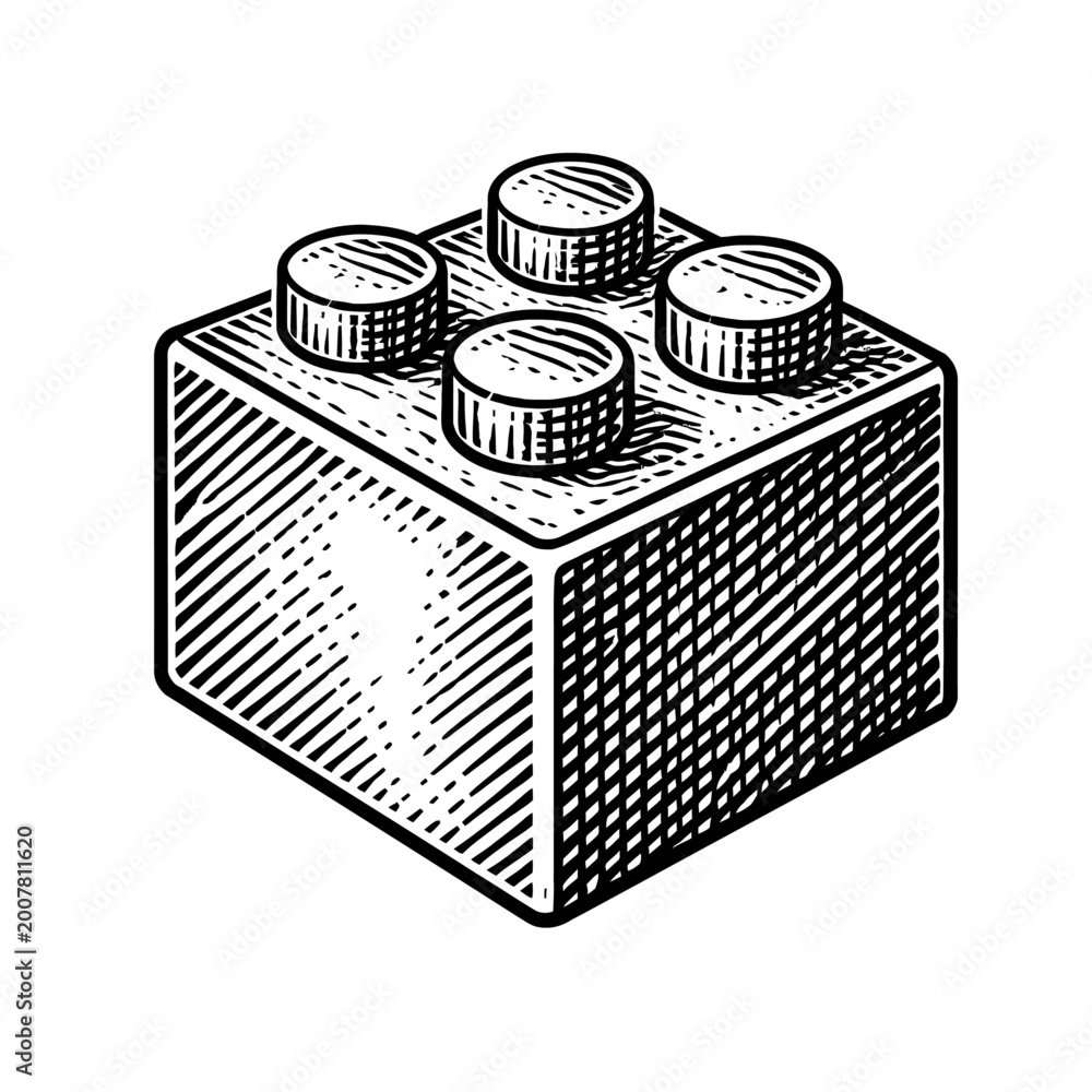 Fototapeta premium Black and white illustration of a single classic toy building block with four studs on top, isolated on a plain background