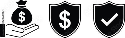 Hand holding money bag next to shield with dollar sign and shield with checkmark, finance security.