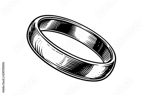 A black and white illustration of a simple metal ring with detailed shading and lines, showcasing its circular shape and smooth surface.