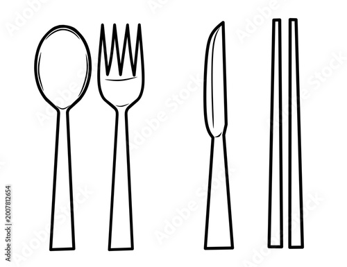 Schilderij op canvas cutlery set: spoon, fork, knife, stick and chopsticks