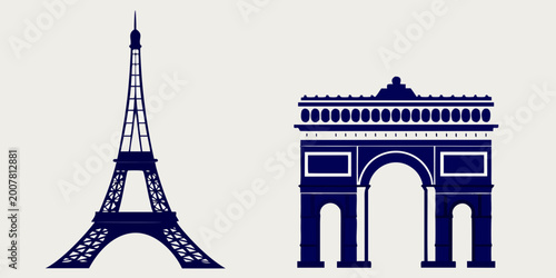 Blue silhouettes of the eiffel tower and arc de triomphe