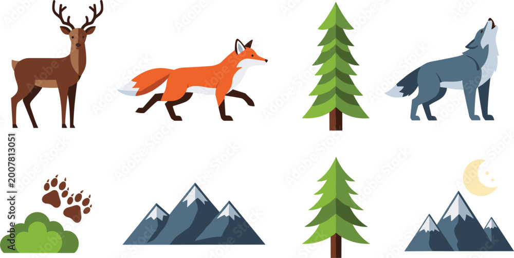 Fototapeta premium Forest Wildlife Vector Set Deer Fox Wolf Trees Mountains Nature Illustration