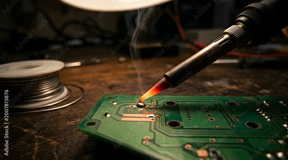 Obraz premium Closeup of a soldering iron tip melting solder on a green printed circuit board