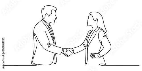 Businessman and businesswoman shaking hands in a continuous line drawing