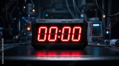 Digital Countdown Timer Showing 00:00 with Red Glowing Numbers in a High-Tech Futuristic Laboratory Background, Conceptual Time Deadline and Security Scene