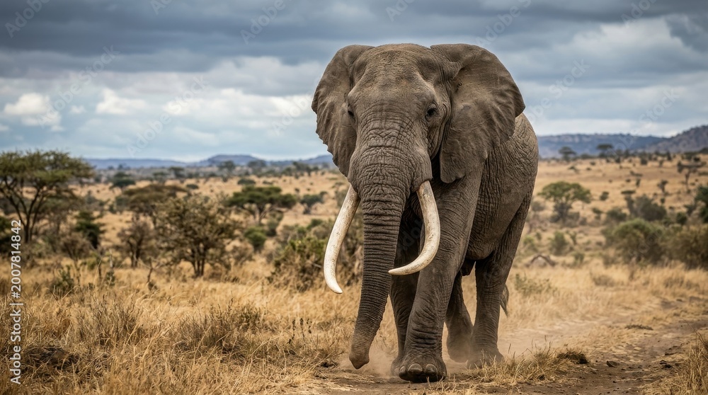Fototapeta premium Large African Elephant Bull with Impressive Tusks Walking on a Dusty Path Through the Savanna Wilderness Under a Stormy Sky