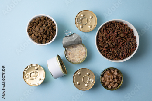 different types of pet food. Dry food and canned food, top view