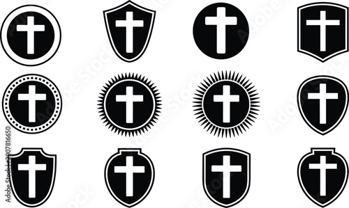 Collection of Christian Cross Icons in Various Shield and Circle Designs