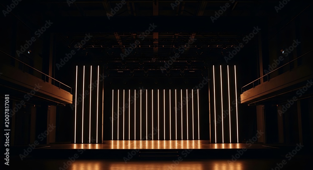 Fototapeta premium Dramatic stage with vertical lights and a dark ambiance, perfect for performances.