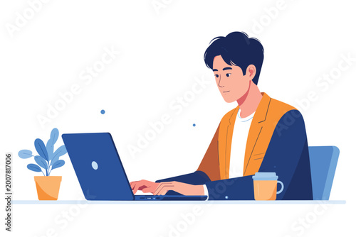 A smiling business executive in a professional suit sits at an office desk working on a laptop computer and notebook to manage internet communication