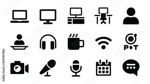 Set of 15 Black Flat Vector Remote Work and Office Icons