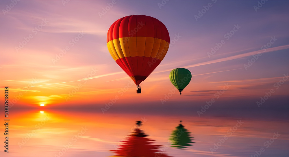 Fototapeta premium Hot air balloons flying over water at sunset vibrant sky