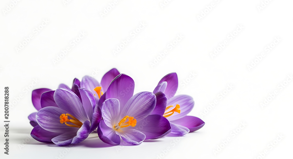 Obraz premium Beautiful Purple Crocus Flowers in Bloom Isolated on White Background with Copy Space