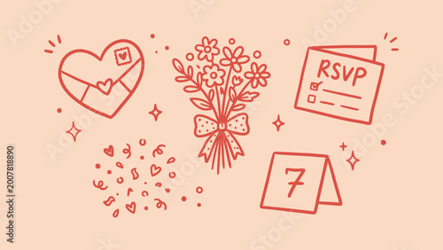 Hand-drawn wedding and event planning vector icons with heart envelope, flower bouquet, and RSVP card. Ideal for bridal shower and romantic graphics