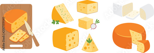 Canvastavla Gourmet cheese vector illustration set featuring cheddar wheels on wooden cutting board brie wedges and swiss cubes for restaurant menu grocery store and culinary branding design