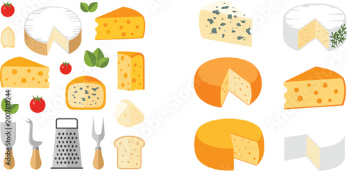 Tableau sur toile Gourmet cheese vector illustration collection featuring brie cheddar maasdam blue cheese wedges and wheels with grater and knives for restaurant menu and grocery market branding projects