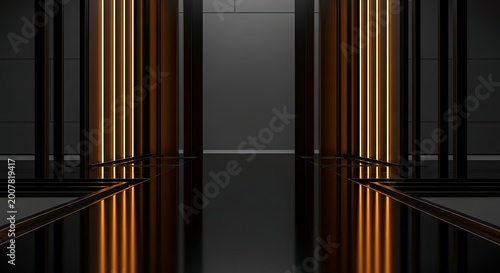 Modern architectural interior with glowing vertical lights and reflective surfaces.