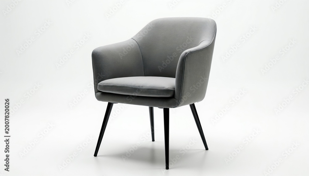 Fototapeta premium Modern gray upholstered chair with black metal legs. Comfortable seat and back. Minimalist design studio furniture. Simple elegance for home or office.