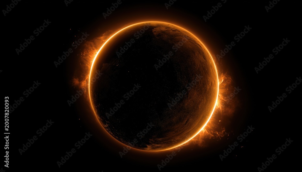 Fototapeta premium Mysterious Glow: A Deep Dive Into The Science Of Dark Moon, Orange Fire, And Sun Eclipse In Space Using Light.