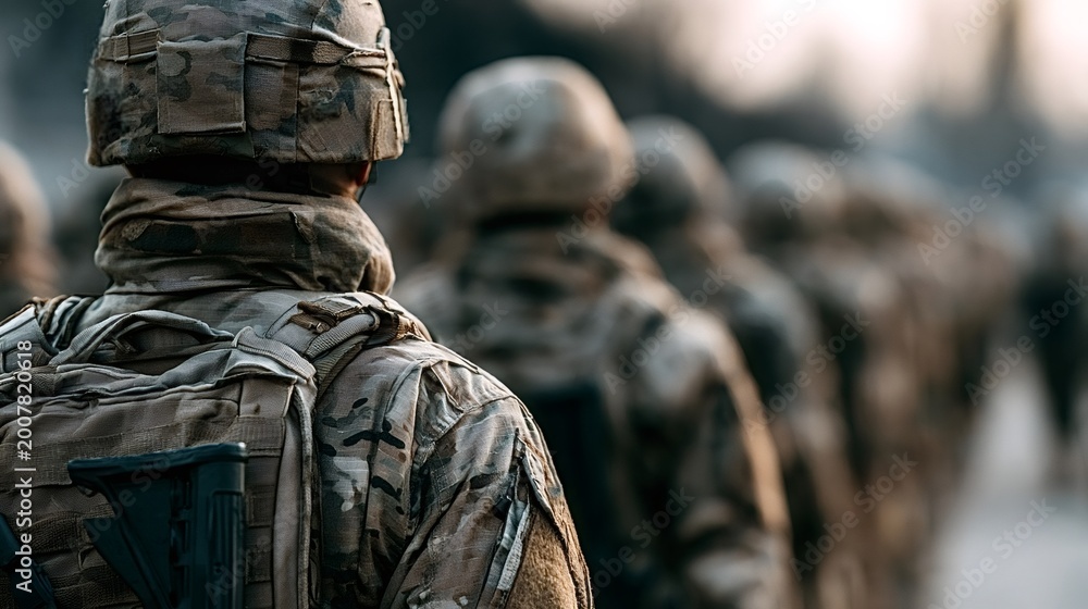 Fototapeta premium Soldiers are wearing tactical gear and camouflage uniforms, representing the concepts of patriotism, teamwork, and national security, standing in a line as a symbol of unity and mission readiness