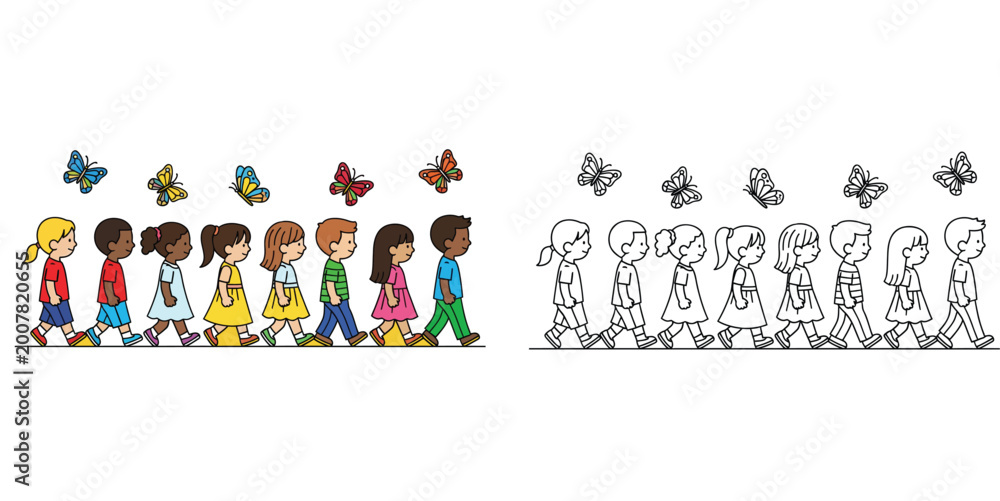 Fototapeta premium Diverse Children Walking in a Line with Butterflies - Kids Education & Friendship Illustration