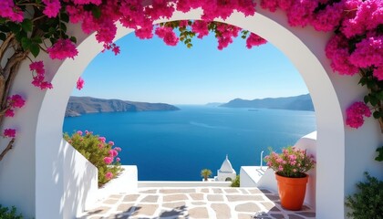 White archway frames Aegean sea view. Bright pink bougainvillea flowers bloom on white wall. Blue water meets horizon under clear sky. Stone path leads to island landscape.