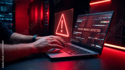 Cybersecurity breach alert on laptop screen with system intrusion warning and hacker activity in dark data center environment