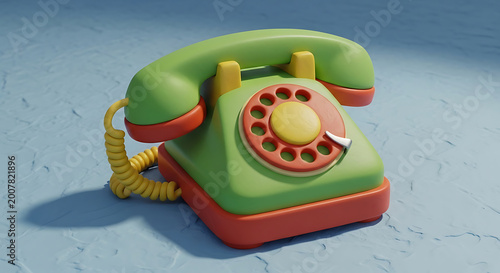 Green and red claymation rotary telephone on blue surface