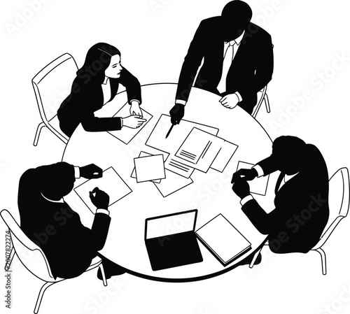 A black and white sketch depicting a team of four professionals collaborating around a circular table brainstorming ideas