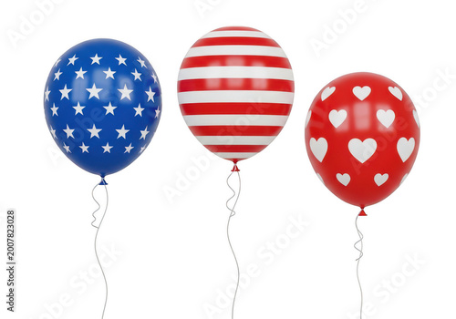 Three colorful balloons with usa flag pattern floating in the air PNG isolated on transparent background