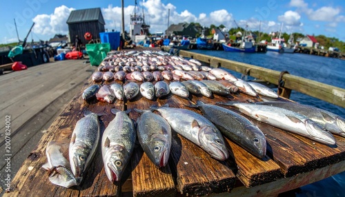 Freshly caught fish on wooden table with colorful boats and harbor backdrop under partly cloudy sky, capturing daily life in a fishing community.