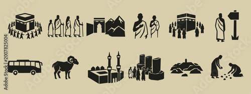 Slika na platnu Islamic Hajj and Umrah pilgrimage icon set with Kaaba and pilgrims in Ihram silh