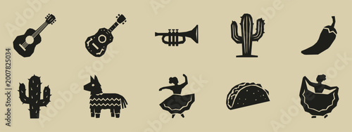 Schilderij op canvas Mexican culture icons collection with guitar trumpet cactus piñata and dancer si