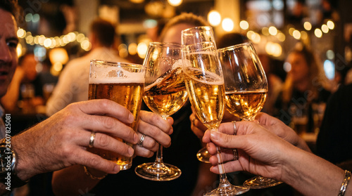 People toasting with beer and champagne glasses at social gathering.