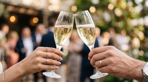 Close up couple toasting champagne at wedding reception with blurry background.