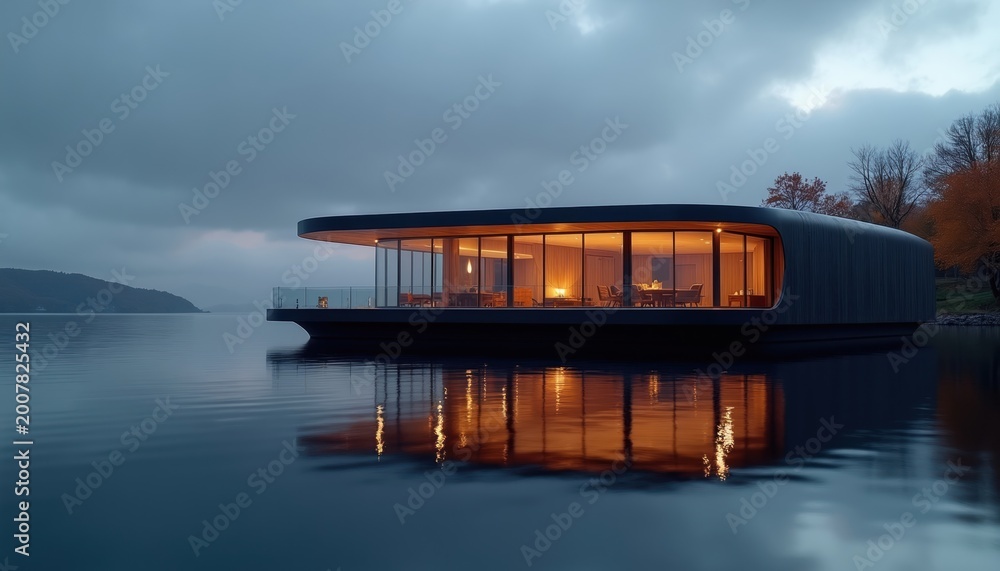 Naklejka premium Modern curved houseboat with large windows floats on calm water. Interior lights glow warmly at dusk. Waterfront property offers luxury escape near forest landscape.