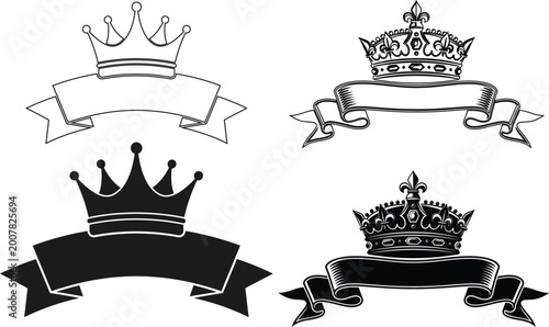 Four vintage crown and ribbon illustrations a regal collection for design and decorative purposes