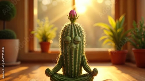 Humorous cactus character sitting in meditation pose in warm sunlight with cozy indoor plants background. Creative mindfulness and wellness concept with relaxing atmosphere.