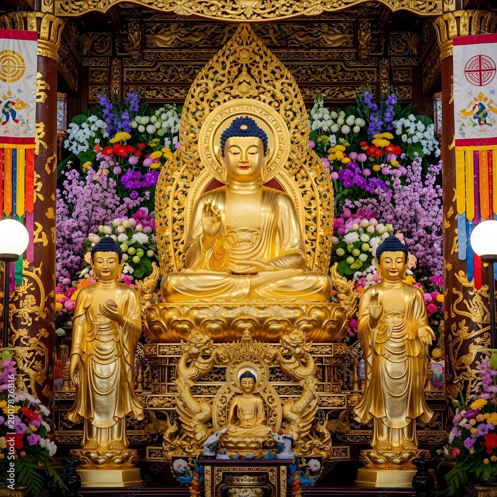 Obraz premium Golden buddha statue in colorful temple interior