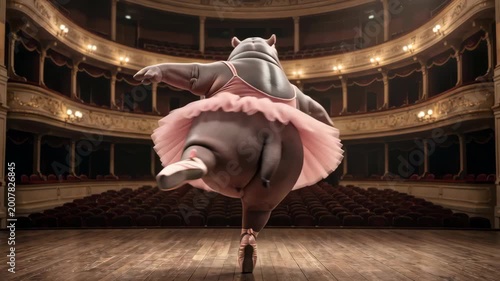Humorous hippopotamus dressed in pink ballet tutu dancing on elegant theater stage under dramatic spotlight. Creative entertainment and comedy concept with cinematic atmosphere.