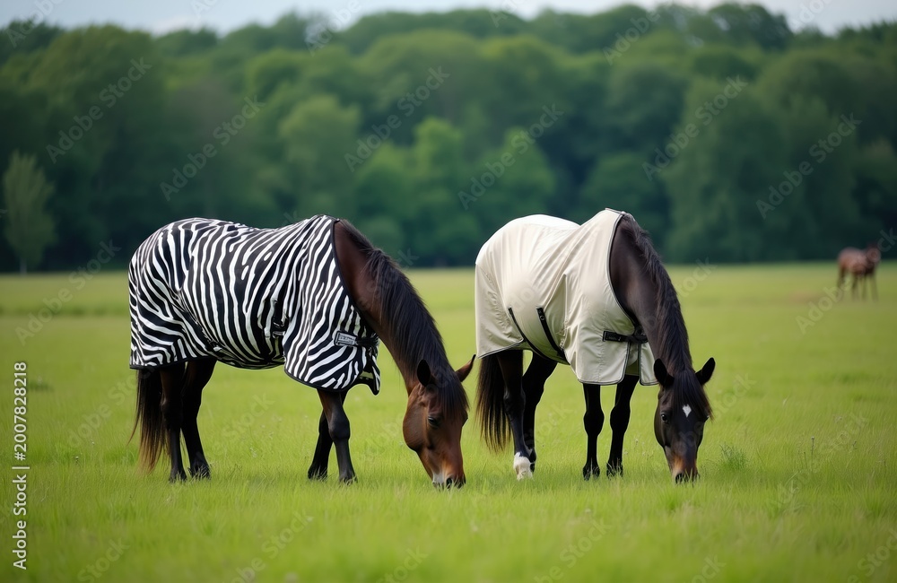 Fototapeta premium Two horses graze in green pasture on summer day. One horse wears zebra-striped fly rug, light-colored sheet, offering pest protection, comfort. Another horse visible grazing distantly in background,
