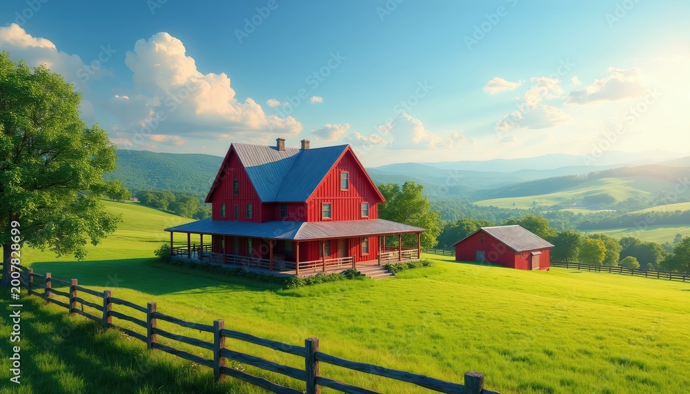 Naklejka premium Red farmhouse sits on a green hill with a wooden fence. Barn nearby under a bright blue sky with fluffy clouds. Rolling hills extend into the distance, creating a peaceful countryside view.