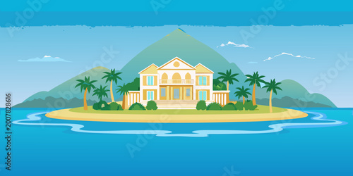Luxury mansion on a tropical island colorful illustration
