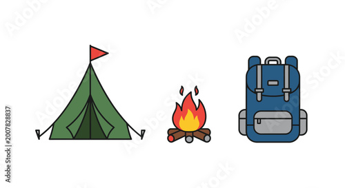 Tableau sur toile Camping gear with tent and backpack.