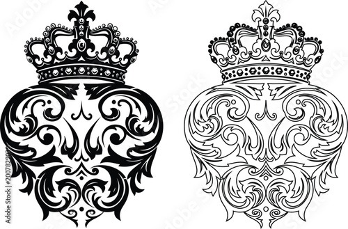 Elegant heraldic crests two intricate royal insignia designs in black and white