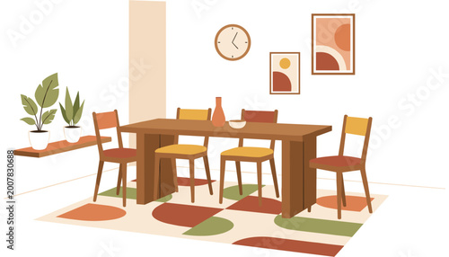 Foto Modern wooden dining table with chairs in cozy home setting