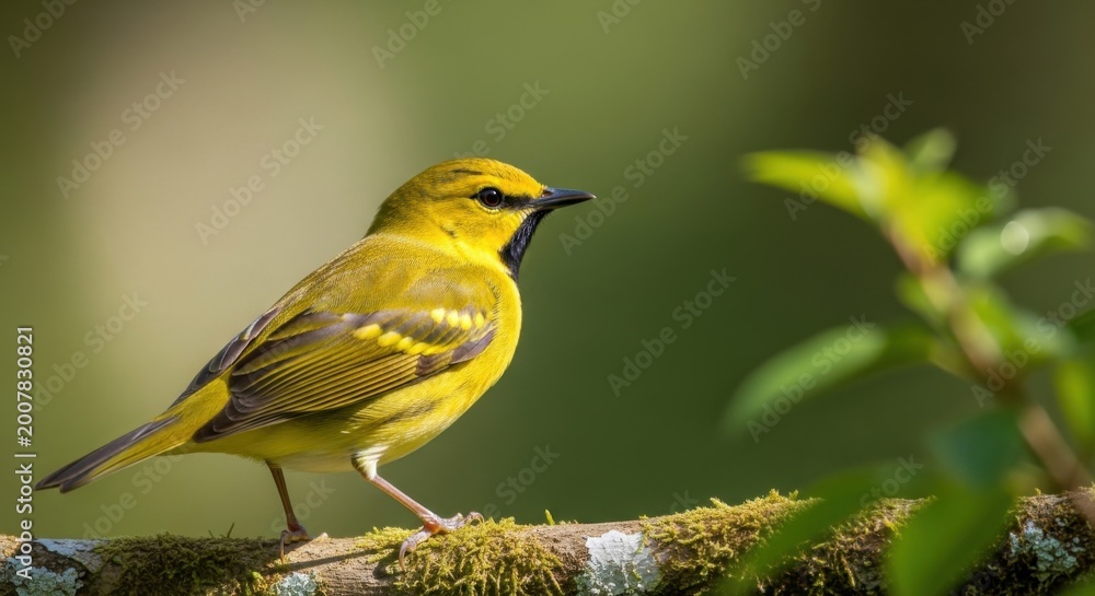 Obraz premium A vibrant yellow warbler bird perched on a mossy tree branch